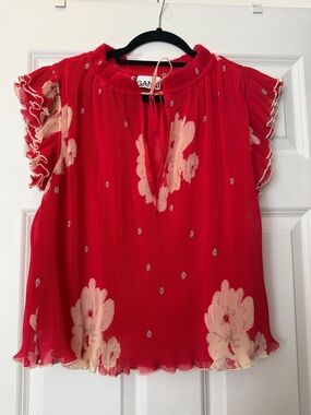 Ganni Red Floral Pleated Ruffle Sleeve Blouse